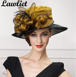 Lawliet luxe femmes fascinateurs Organza arc soleil chapeaux or gris large bord dame Kentucky Derby course chapeaux de mariage mariée Mom039s H3903573