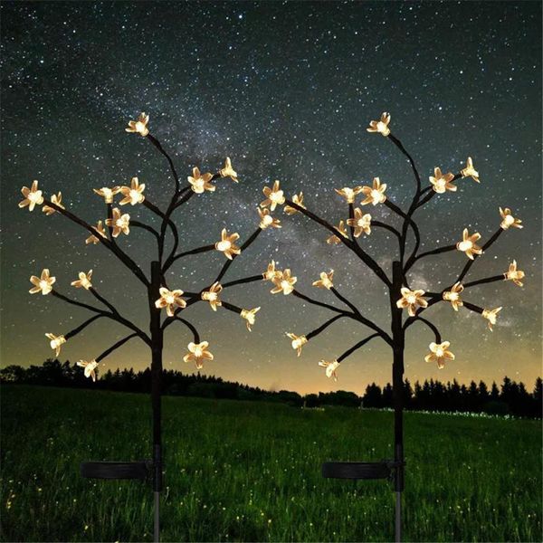 Lampes de pelouse 2pcs LED lumière solaire colorée fleur de cerisier piquet décoration de jardin fausses fleurs lumières pour patio cour