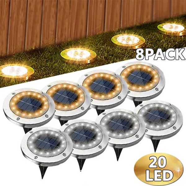 Lampes de pelouse 8 / 20LED Solar Power Disk Light Outdoor Garden Solar Underground Light Deck Light Spotlight Enterré Solaire Led Lampe Décor De Jardin P230406