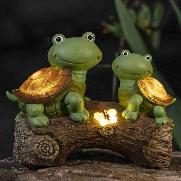 Lámparas de césped Linda escultura de estatuilla de tortugas con cara de rana con luces LED solares para interiores y exteriores, patio, jardín, adornos, decoraciones YQ240116
