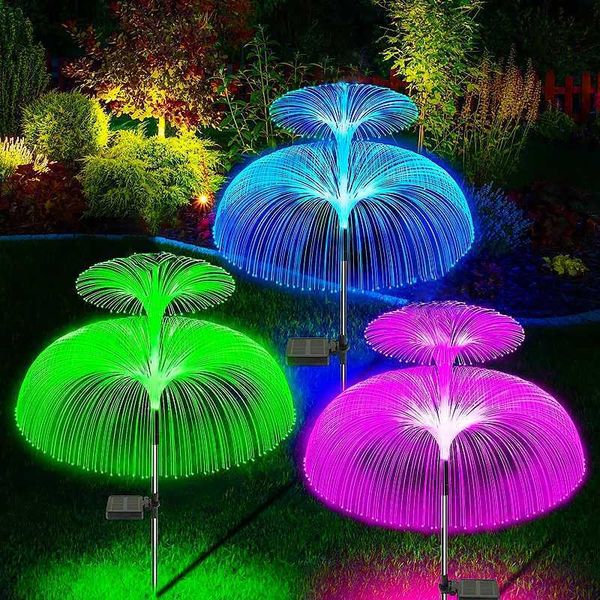 Lampes à gazon Double méduse solaire lumière 7 couleurs lampes de jardin solaires LED lumières à fibres optiques lampe de décoration étanche extérieure pour pelouse Patio Q231125