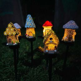 Lawn Lamps Led Solar Lawn Light Multi Craft Miniature Fairy House Solar Powered Outdoor Decor Garden Light Resin Cottage Landscape Lights P230406