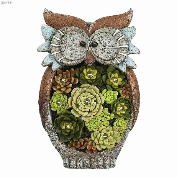 Lampes à gazon Polyrésine Animaux Jardin Ornement Statue Hibou Figurine Résine Statue Extérieure Avec LED À Alimentation Solaire Lumières Mignon Ornement Ensemble YQ240116