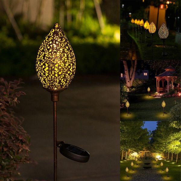 Lampes à gazon Solaire Jardin Pieu Lumière Goutte D'eau En Forme D'olive Étanche Métal Art LED Lampe Décorative Pour Cour Extérieure Cour Voie