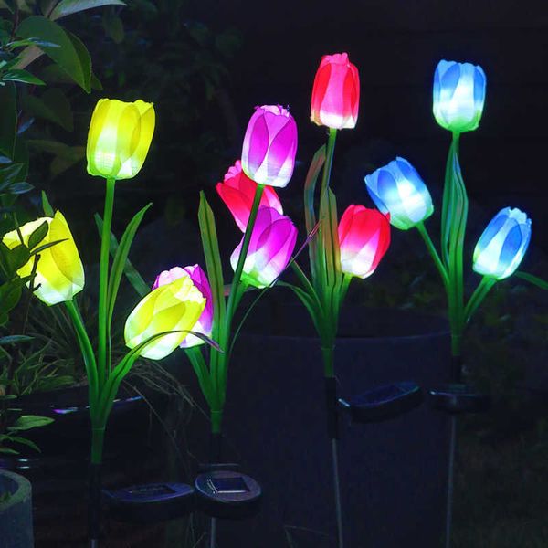 Lampes à gazon Lumière LED solaire en plein air tulipe Rose fleur lampe maison jardin cour pelouse paysage étanche lumières de jardin lumières solaires extérieures P230406