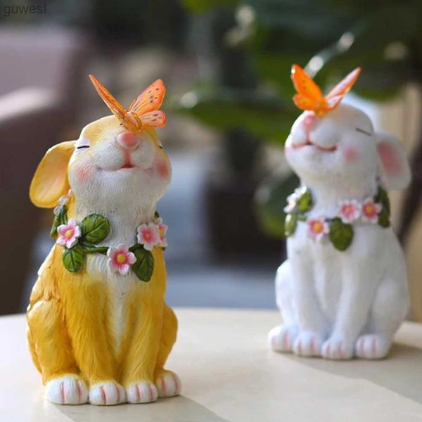 Lampes à gazon Solaire alimenté mignon lapin veilleuse LED Mini lapin fleur Sculpture créative lapin fleurs Figurine jardin paysage décor YQ240116