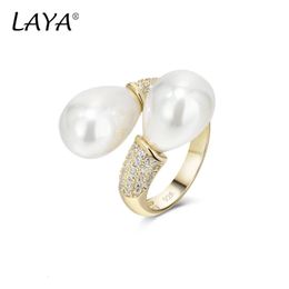 LAYA – bague Double perle réglable en argent Sterling 925 pour femmes, Zircon scintillant, bijoux fins d'anniversaire de fiançailles, 240327