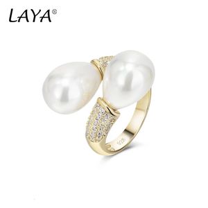 LAYA 925 Sterling Zilver Verstelbare Dubbele Parel Ring Voor Vrouwen Fonkelende Zirkoon Engagement Anniversary Fijne Sieraden 240327