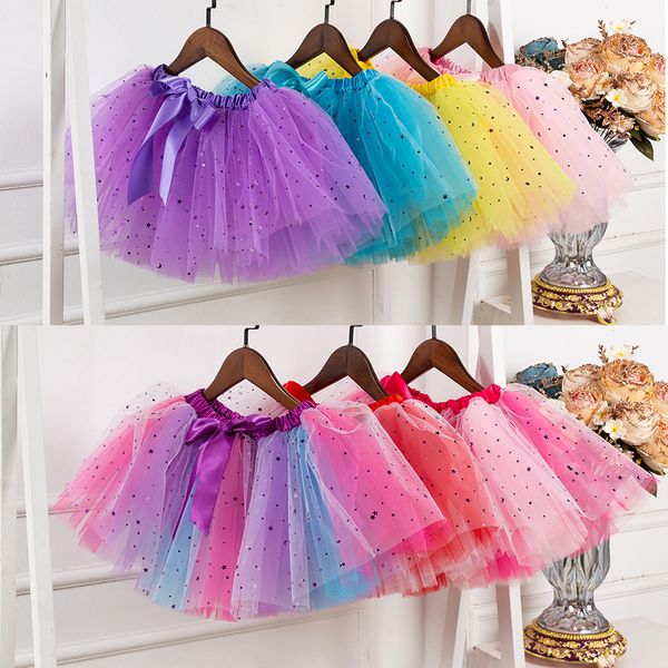 Falda de tutú de arcoíris de tul de ballet en capas para niñas pequeñas con lazos coloridos para el cabello