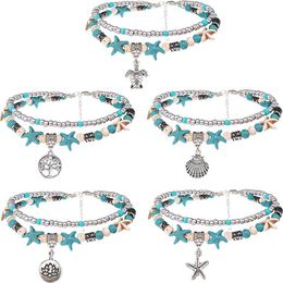 Bracelets de cheville de plage en couches pour femmes et filles, réglables, tortue de mer, style Boho Turquoise, bijoux de pied d'été, 2476