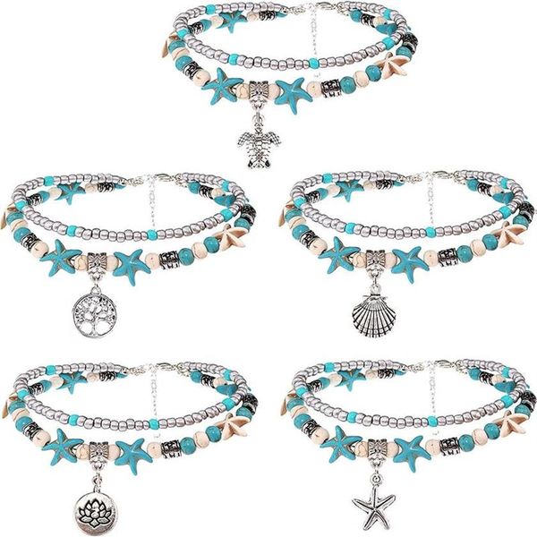 Tobilleras de playa en capas para mujeres y niñas, tobilleras ajustables con tortugas marinas, pulseras bohemias turquesa para verano, joyería para tobillo y pie 288Z