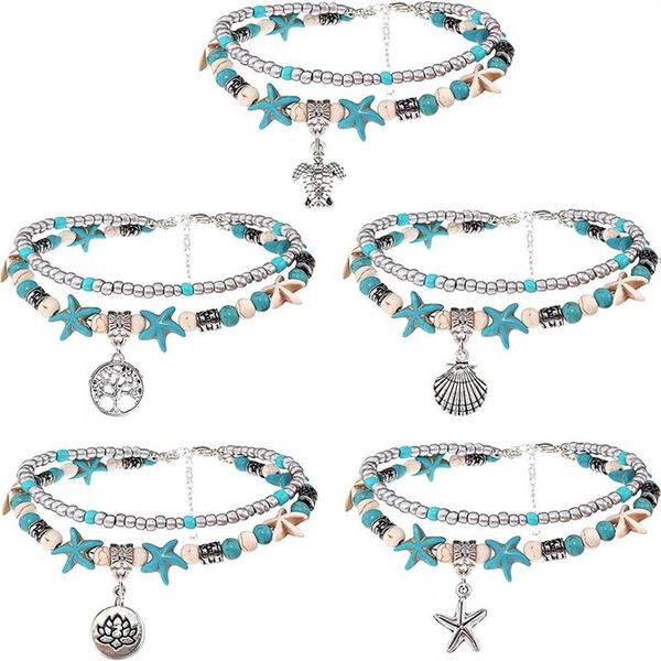 Tobilleras de playa en capas para mujeres y niñas, tobilleras ajustables con tortugas marinas, pulseras bohemias turquesa para verano, joyería para tobillo y pie 324p