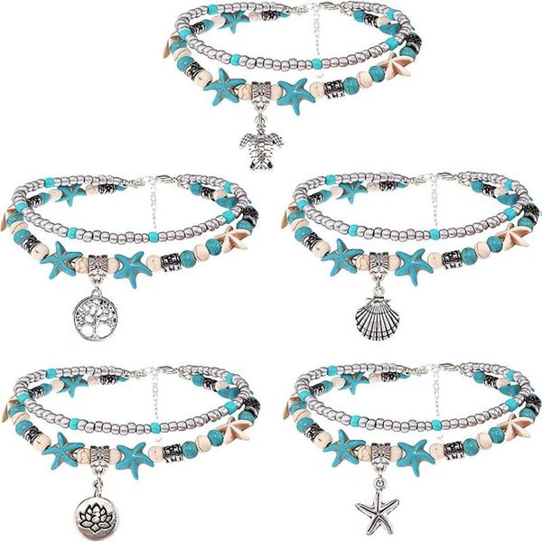 Tobilleras de playa en capas para mujeres y niñas, tobilleras ajustables con tortugas marinas, pulseras bohemias turquesa para verano, joyería para tobillo y pie 2476