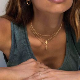 Gelaagde Choker Kettingen Gouden Zilveren Kleur 14k Geel Goud Sierlijk Kruis Maagd Maria Hanger 3 Layer Chain Kettingen Voor vrouwen