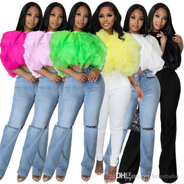 Couches gonflées pétale en mousseline de soie Blouses 2023 été dernières Sexy bonbons couleurs Clubwear fête sans manches gilet haut court pour les femmes