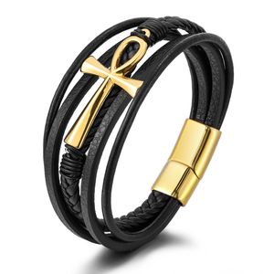 Bracelet à maillons de chaîne en cuir tressé croisé en acier inoxydable pour hommes femmes cordon noir bracelet de poignet vintage corde manchette bijoux fermoir magnétique