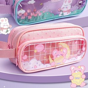 Layers Large Capacity Pencil Bag Stationery Aesthetic Transparent Grid Pen Case Girl Zipper Pouch School Supplies