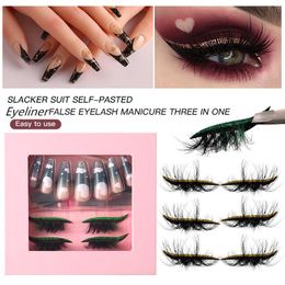 Faux cils paresseux et appuyez sur les ongles ensemble réutilisables Fluffy Mink Full Strip Lashes avec Glitter Eyeliner Stickers Nails Kit Maquillage