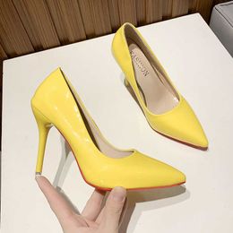 LAZYSEAL 10 CM Hak Dames Pomp Puntige Teen Stiletto Basic Yellow Colors Slip op Hoge Hakken Officials Schoenen Dames Femme Sexy Pumps Y0611