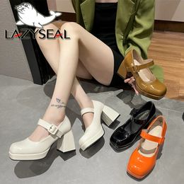 LazySeal 8 cm talon haut Mary Jane chaussures plate-forme bout carré en cuir verni boucle gladiateur sandale pour dames grande taille 44 240318