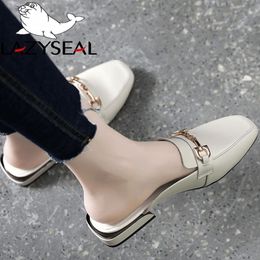 Lazyseal Koe Suede Vierkante Neus Hakken Metalen Decorationg Vrouwen Slides Zomer Vrouw Muilezels Schoenen Dames Slippers Y200624 GAI GAI GAI