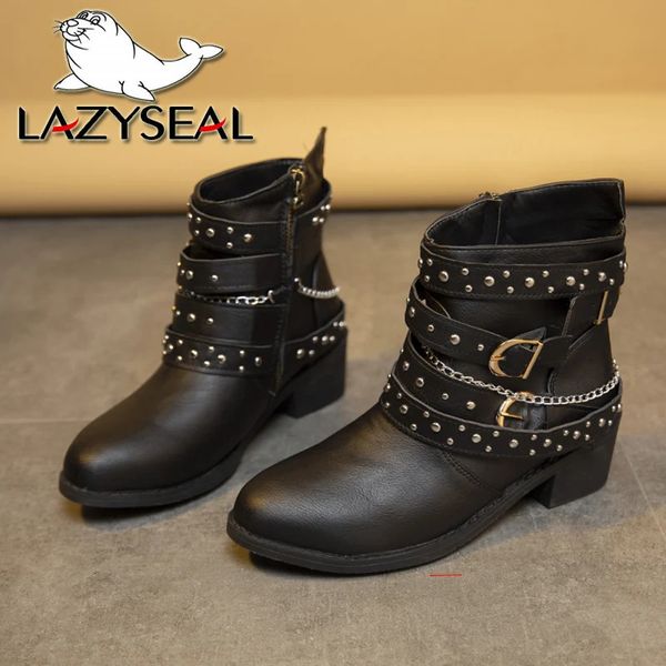 Lazyseal Square 936 Boots Heel Motorcycle Rivet Zip Design Ankle Fomen Style Street Style Chaussures féminines Taille 43 Western Boot 240407 503