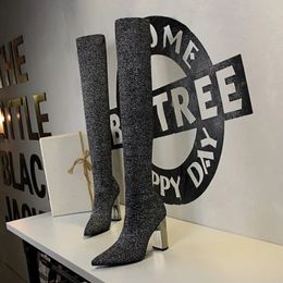 LazySeal tissu extensible bottes hautes d'hiver pour femmes chaussures bout pointu talons de 10 cm au-dessus du genou chaussettes en tissu de coton argenté bottes 240115