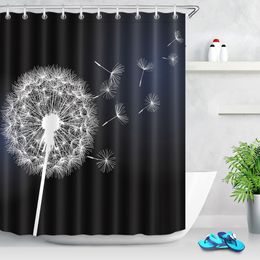 LB 180 * 180 bloem paardebloem wit op zwarte douche gordijnen wasbare badkamer gordijn bloemen stof polyester voor badkuip decor
