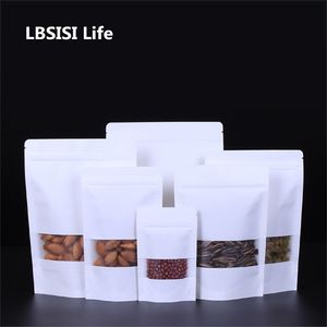 LBSISI Life 100pcs sac en papier kraft blanc avec fenêtre givrée fermeture à glissière alimentaire snack thé bonbons huile sac étanche sac d'emballage sac en papier 201021