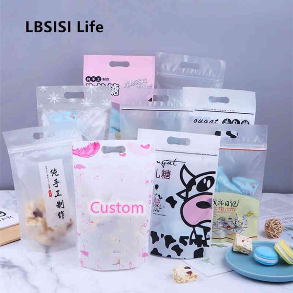 LBSISI Life 50 pcs Noël Bonbons Cookie Cadeau Fermeture Éclair Sacs D'emballage En Plastique Main Tenir Biscuits Paquet Faveur De Mariage Sac 210325