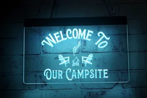 LC0568 LED Strip Lights Sign Bienvenue dans notre camping Grill Gravure 3D Conception gratuite Vente en gros au détail
