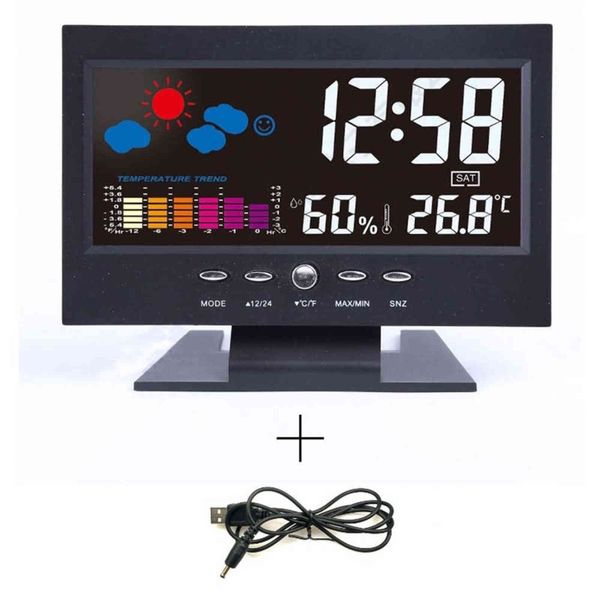 LCD rétro-éclairage horloge de bureau station météo intérieure réveil heure / date / semaine / alarme / température / humidité / météo / prévision d'affichage 211111