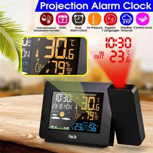 LCD Digital Color Screen Weerstation Wake Up FM Radio Time Projector Projection Clocks Prognosing Alarm 210804