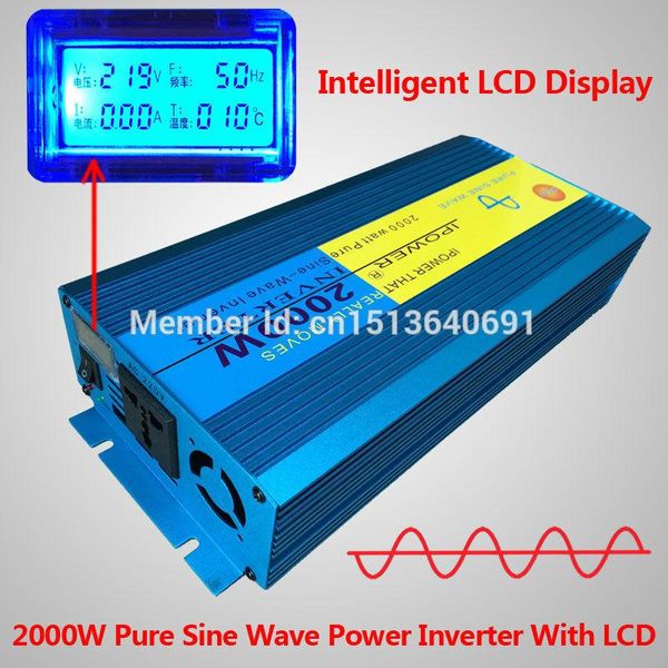 Freeshipping PANTALLA LCD Inversor de potencia de alta frecuencia para automóvil 2000w 2KW 2000Watt Onda sinusoidal pura DC 12V a AC 230V Convertidor para energía solar / eólica / gas