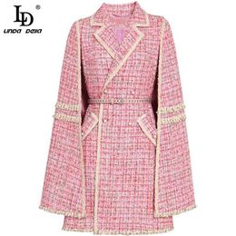 LD LINDA DELLA Diseñador de moda Otoño Invierno Abrigos de capa de alta calidad Mujeres de doble pecho Bolsillo con cinturón Chaquetas rosadas cálidas 211104