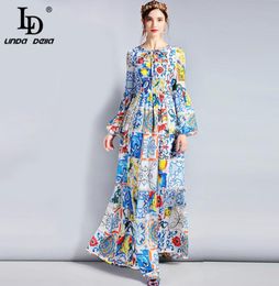 LD Linda Della Diseñador de moda MAXI Vestido 3xl Plus Size Women039s manga larga boho estampado de flores colorida vestida larga y191447804