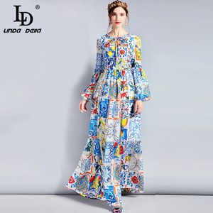 LD Linda della Fashion Designer Maxi Jurk 3XL Plus Size Dames Lange Mouw Boho Kleurrijke Bloem Print Casual Lange Jurk Y19012201