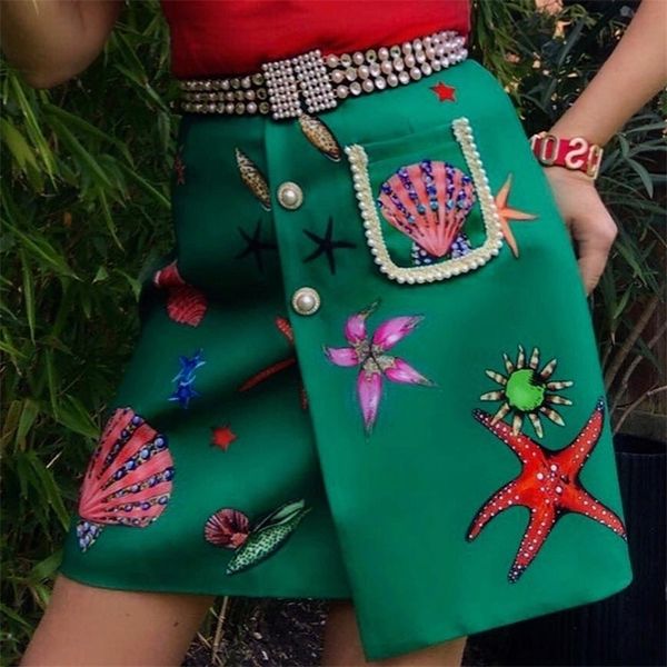 LD LINDA DELLA Diseñador de moda Verano Cintura alta Mini falda Mujeres Preciosas faldas verdes cortas con estampado de cuentas 220322