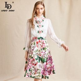 LD Linda della Mode Designer Summer met en place des appliques à manches longues pour femmes Tops de gaze à manches longues et jupe imprimée à fleurs 2 costumes de deux pièces 201130