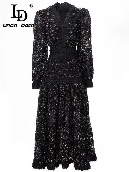 LD LINDA DELLA mode piste noir Dres col en v lanterne manches évider broderie Vintage fête robe mi-longue 240315