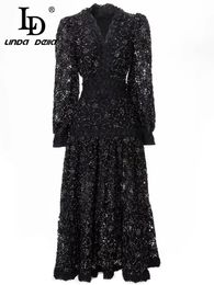 LD Linda Della Fashion Pista Vestido negro Mujeres Vneck Lantern Manga Hollow Out bordado Vintage Midi 240515