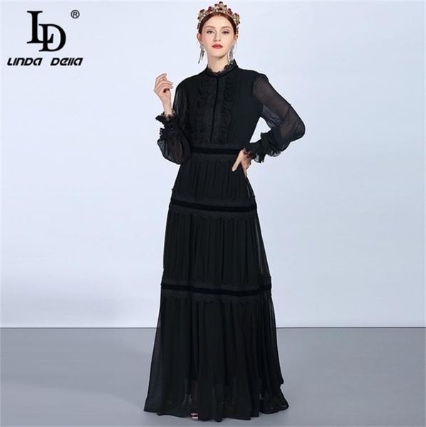 LD LINDA DELLA Mode Piste Maxi Robes Femmes039s À Manches Longues En Dentelle Patchwork Volants Vintage Robe Noire Robe De Soirée Élégante4289324