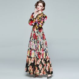 LD LINDA DELLA Mode Runway Zomer Maxi-jurk met lange mouwen Dames elastische taille Bloemenprint Elegante feestvakantie Lange jurk 210309