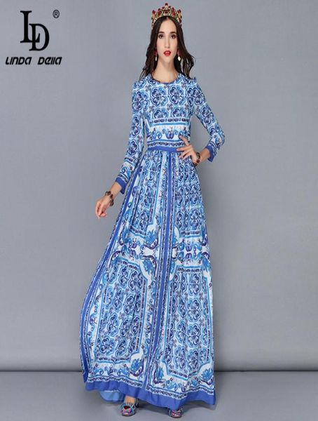 LD LINDA DELLA Nouvelle Mode Piste Maxi Robes Femmes039s À Manches Longues Vintage Casual En Mousseline De Soie Bleu et blanc Imprimé Robe Longue L7299508