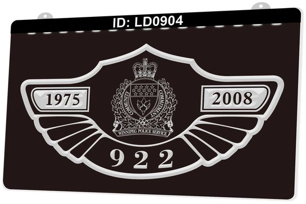 LD0904 Service de police de Winnipeg 1975 2008 922 Signe de la lumière 3D Gravure de gros LED Commerce de détail