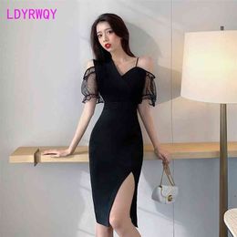 [LDYRWQY] Black Light-Fashion Slim Fit Robe fendue en maille Longueur genou Gaine Office Lady Polyester 210416