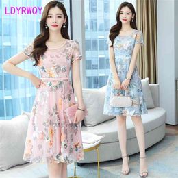 LDYRWQY Koreaanse Mode Temperament Sexy Print Ronde Hals Slanke Chiffon Cover Belly Dress Office Lady O-hals 210416