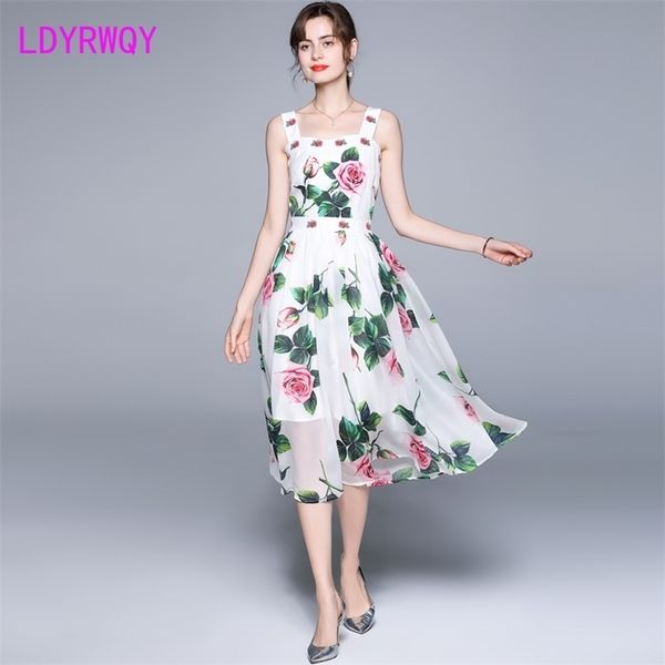 LDYRWQY Rose Fleur Couture Mousseline de mousseline de vacances Big Swing Robe à bretelles Genou-Longueur Office Lady 210416