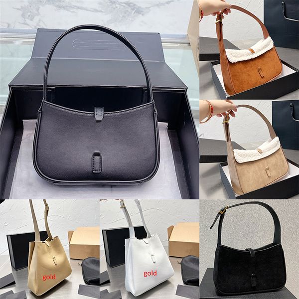 LE 5 A 7 Bolso hobo en gamuza Bolso de cuero liso Parte superior abierta con cierre de gancho icónico Bolso para axilas para damas Herrajes de metal Bolsos de hombro Bolsos de moda Monedero