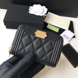 Le boy Luxury Black Genuine Leather Fashion Monedero para mujer Monedero Clásico Diseñador Bolso Vintage Gold Metal Titular de la tarjeta Mujer Caviar Piel de cordero Negro Cremallera Monedero PRPU